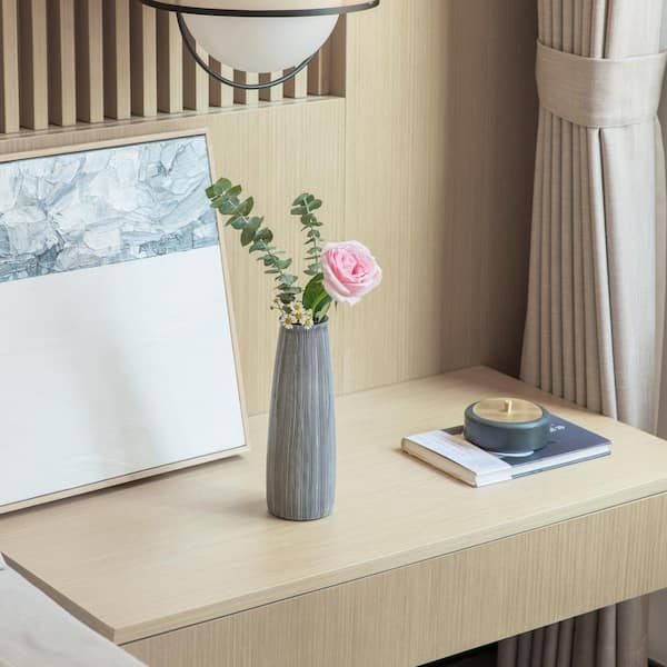 Uniquewise 9 in. Gray Striped Design, Decorative Modern Round Table Centerpiece Flower Vase
