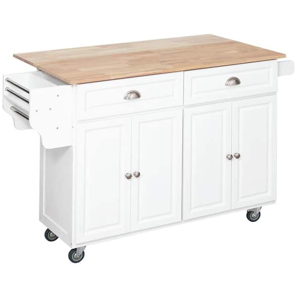 Unbranded White Wood 57.5 in. Kitchen Island with Drop Leaf Breakfast Bar, Storage Drawers, Spice Rack