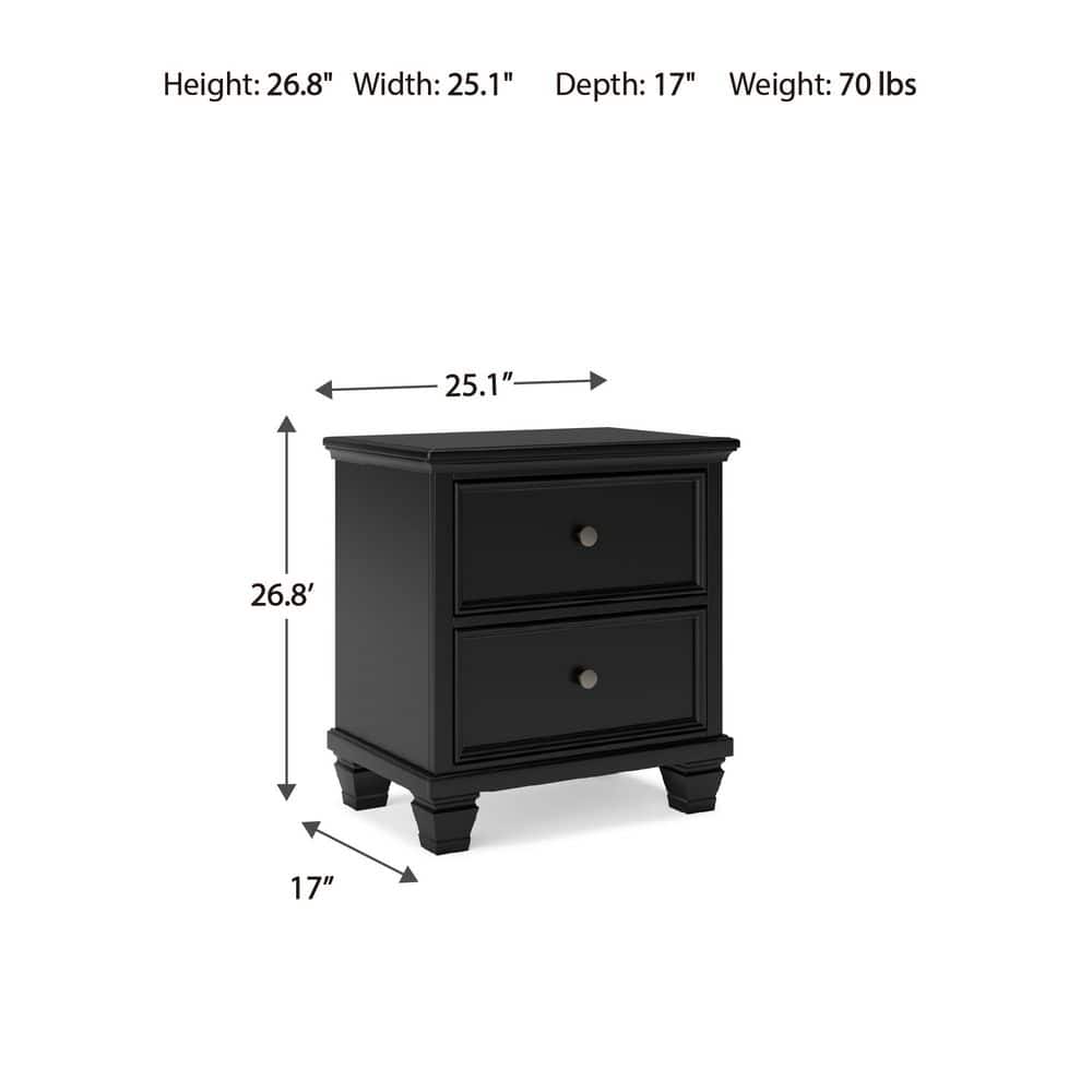 Black Hardwood 2-Drawer Nightstand with Satin Nickel Knobs
