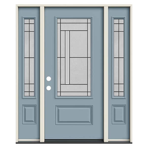 60 in. x 80 in. Right-Hand 3/4-Lite Decorative Glass Atherton Light Blue Paint Fiberglass Prehung Front Door w/Sidelites