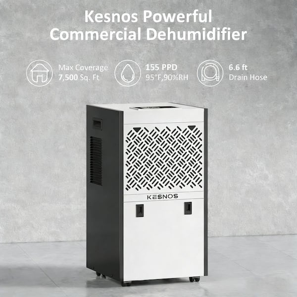 155 pt. 7,500 sq. ft. Commercial Industrial Dehumidifier in White with Bucket Intelligent Control for Basement