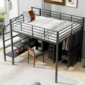 Black Metal Frame Full Size Loft Bed with Shelves, Table Set, Storage Staircase, Wardrobe