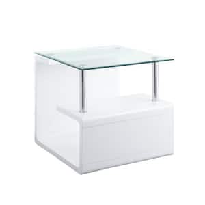 Nevaeh 24 in. Clear Glass and White High Gloss Finish Short Square Glass End Table