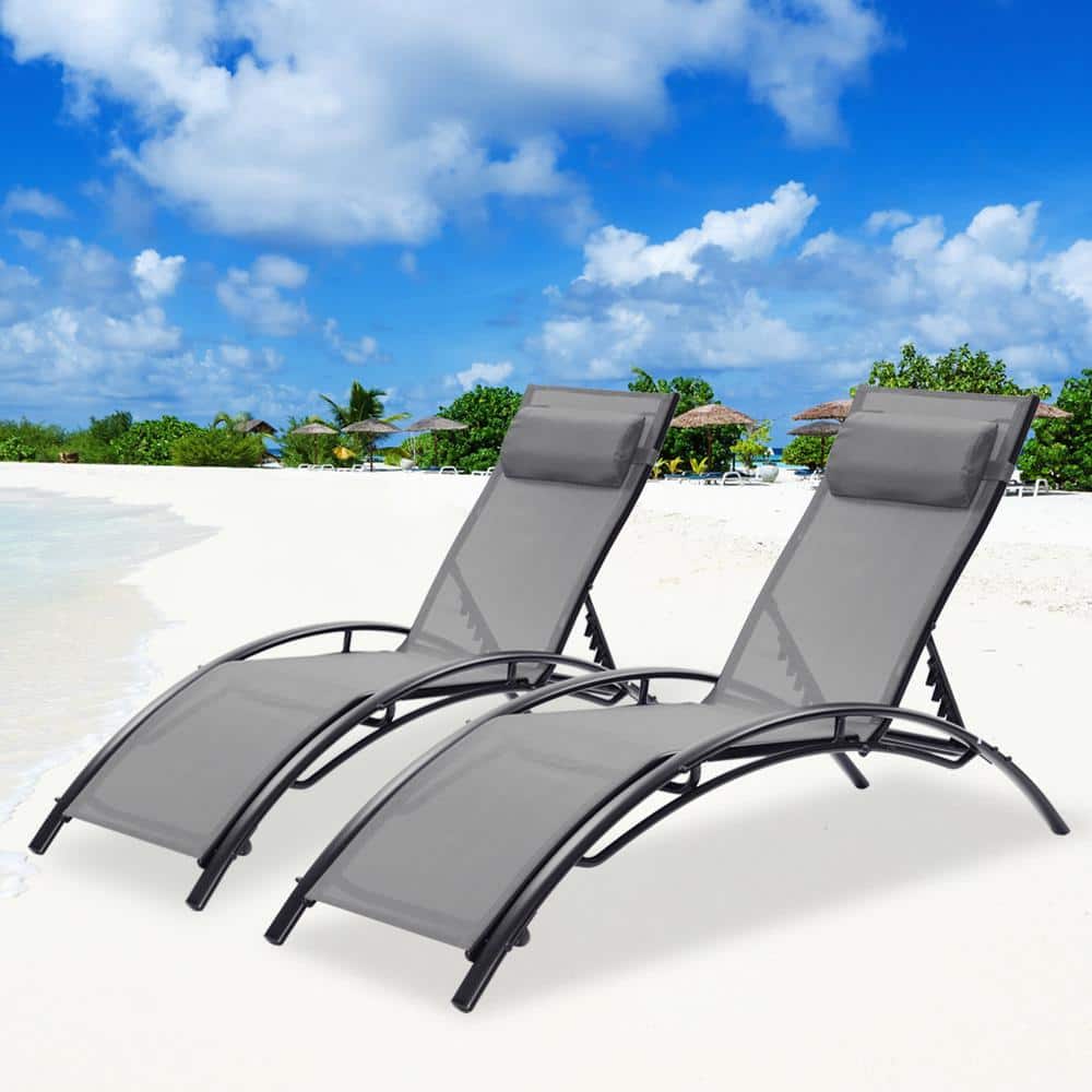 2-Pieces Gray Metal Outdoor Chaise Lounge, Lounger Recliner Chair for Patio