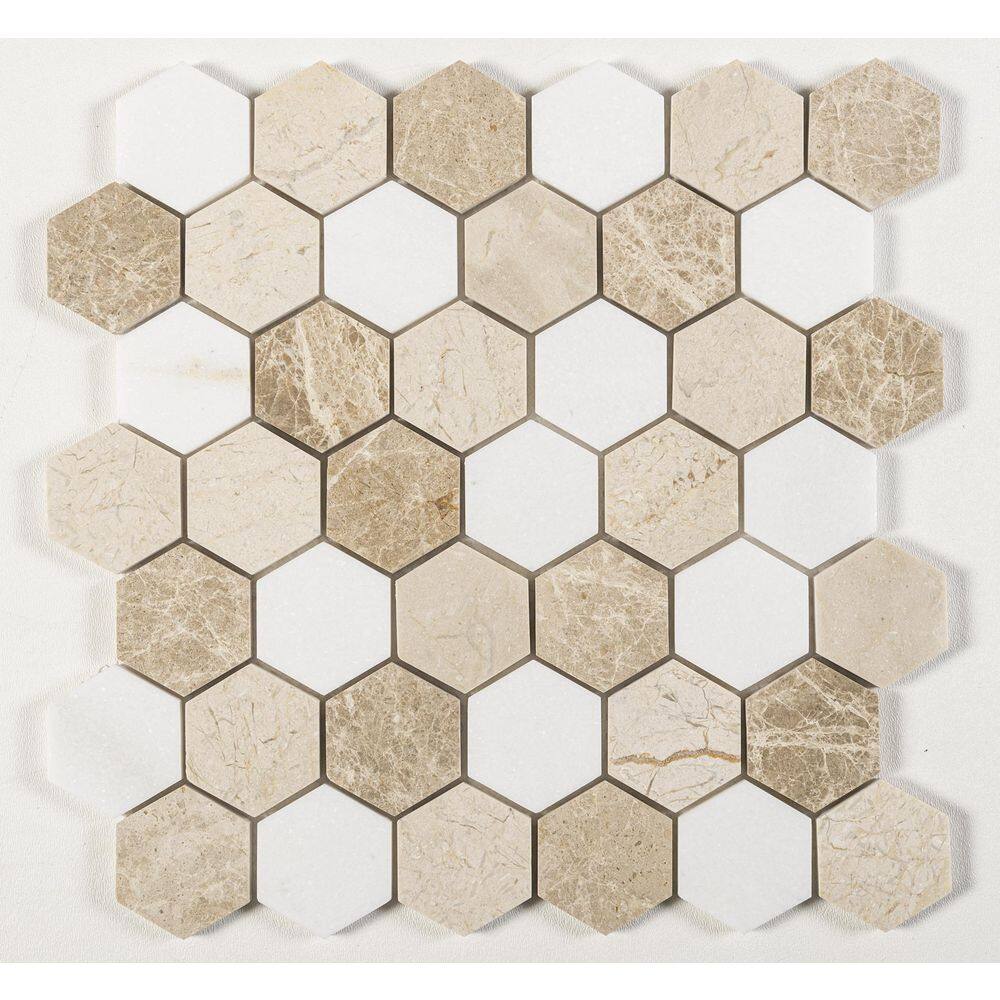 Mustard Tan and White Marble Honeycomb Mosaic Tile