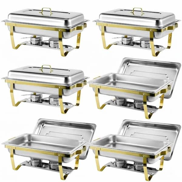 6-Piece Stainless Steel Chafing Dish Buffet Set 9 qt. Extra Large with Foldable Frame Fuel Holder Gold