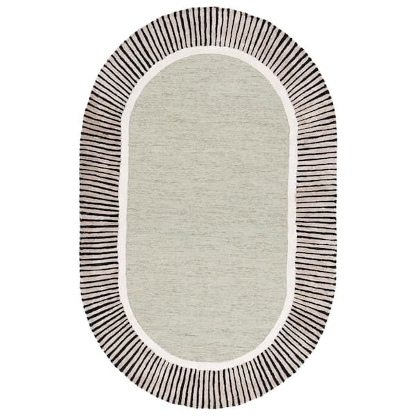 Fifth Avenue 4 ft. x 6 ft. Sage/Black Striped Border Solid Oval Area Rug