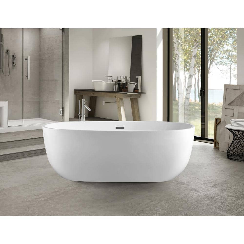 White Acrylic 59" Freestanding Soaking Bathtub with Chrome Drain