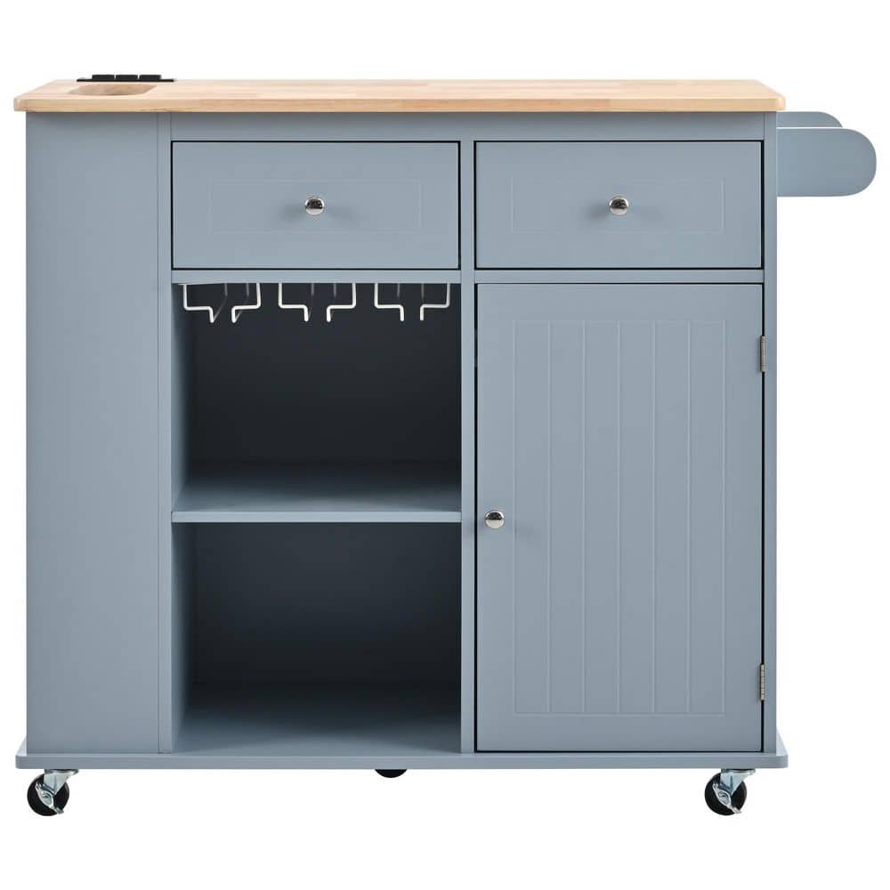 Blue Rubber Wood Kitchen Cart with Drop-Leaf and Power Outlet