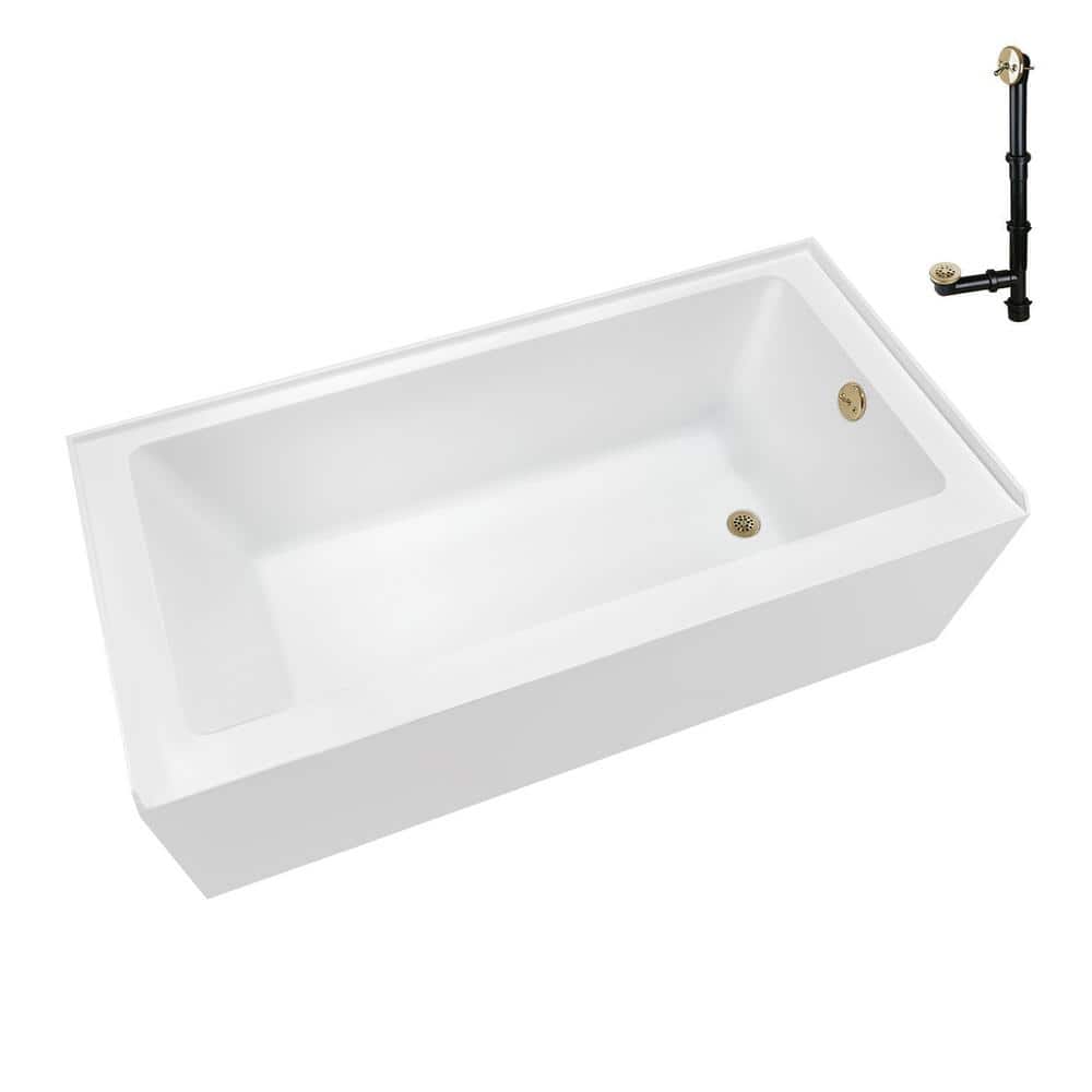 60-Inch Glossy White Acrylic Alcove Bathtub with Polished Brass Drain