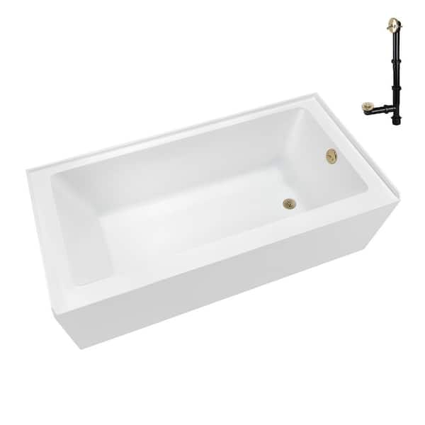 60 in. x 32 in. Soaking Acrylic Alcove Bathtub with Right Drain in Glossy White, External Drain in Polished Brass