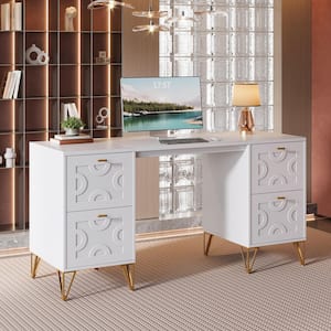 Moronia 59 in. White and Gold Desk with Drawers, Aesthetic Office Desk Writing Table with Storage for Bedroom, Study