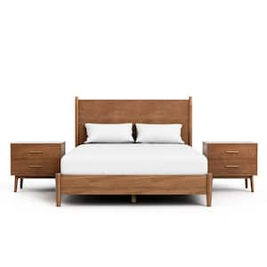 Riverstone 3-Piece Mid Century Modern Walnut Wood Queen Bedroom Set With 2-Nightstands