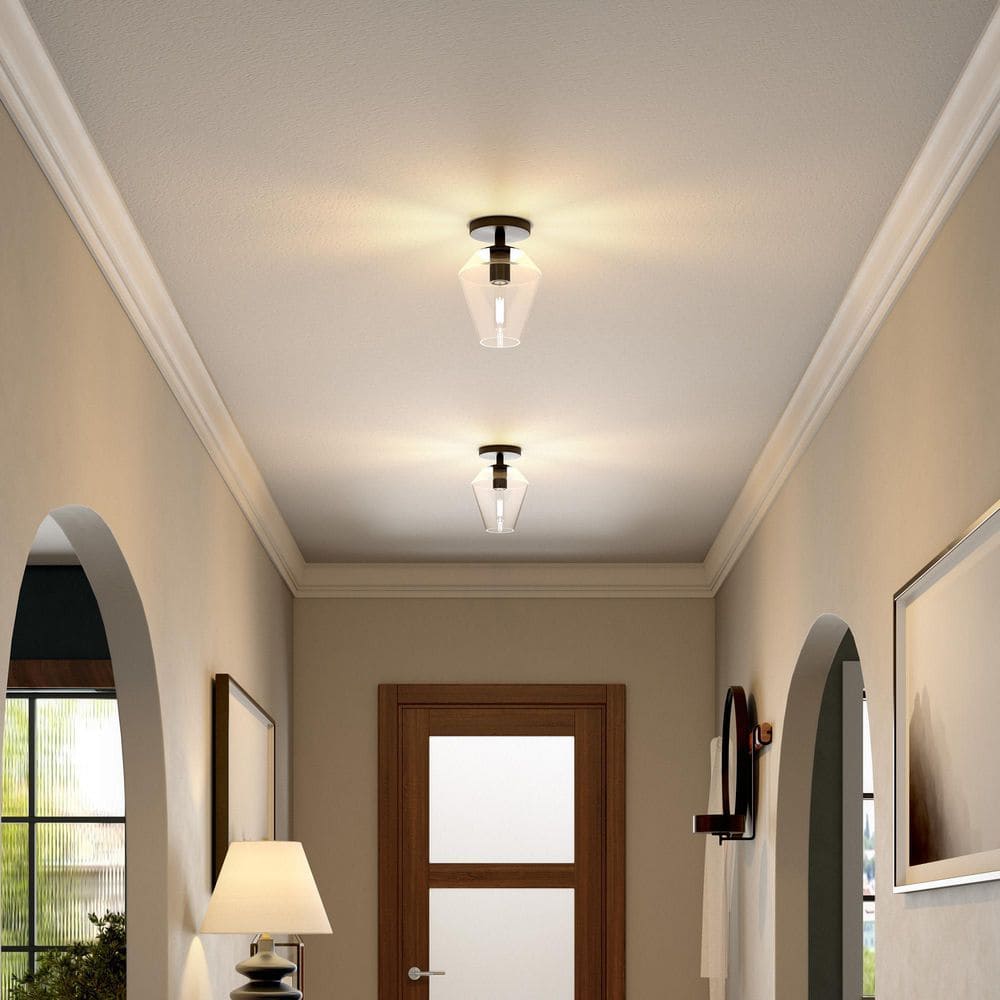 Gem-Shaped Matte Black Semi-Flush Mount with Glass Shade
