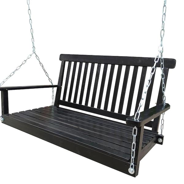 Cesicia 2-Person Black Wood Bench Porch Swing with Armrests