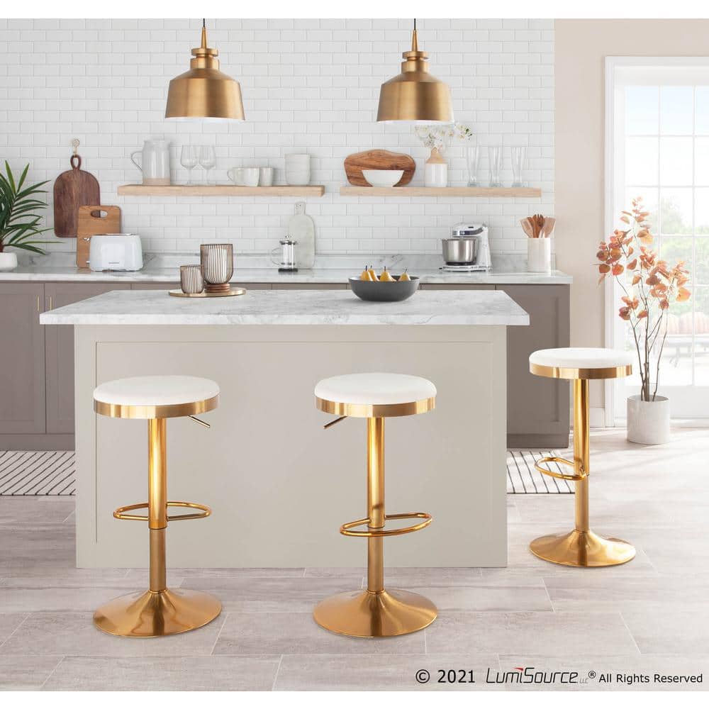 Set of 2 Gold Steel and Cream Velvet Adjustable Swivel Bar Stools