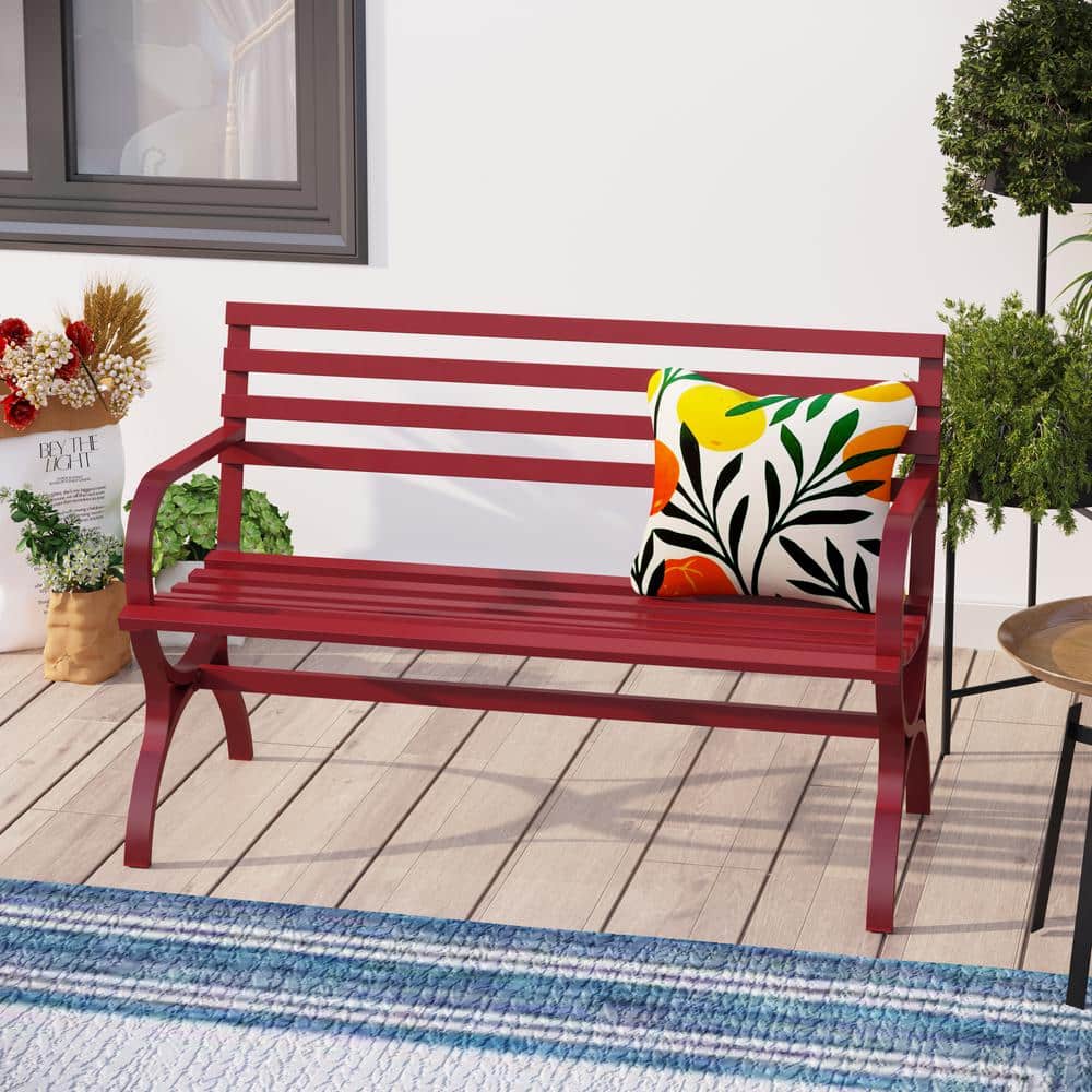 48-Inch Red Steel Slatted Outdoor Bench with Arms