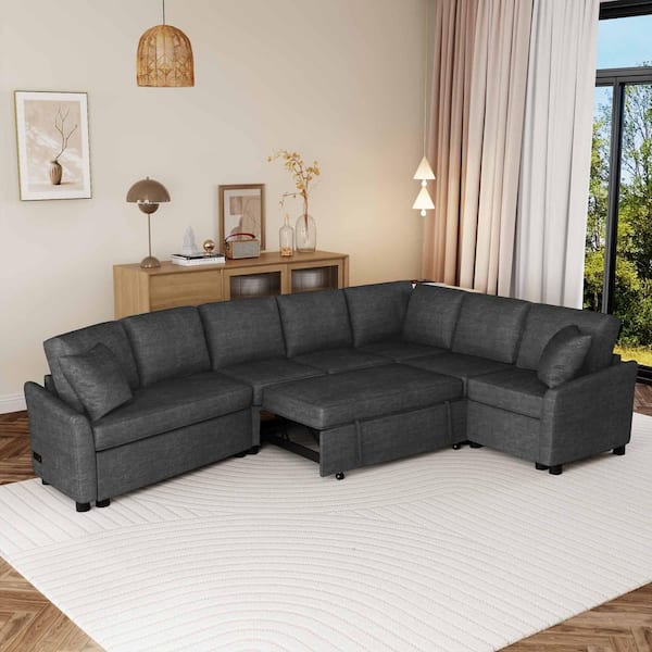124.8 in. Flared Arm Chenille Sectional Sofa with 2 Back Pillows, 2 USB Ports and 2 Power Sockets in Gray