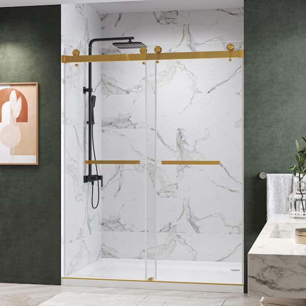 Catalyst 68 to 72 in. W x 84 in. H Double Sliding Frameless Shower Door in Brushed Gold, 3/8" Clear Tempered Glass