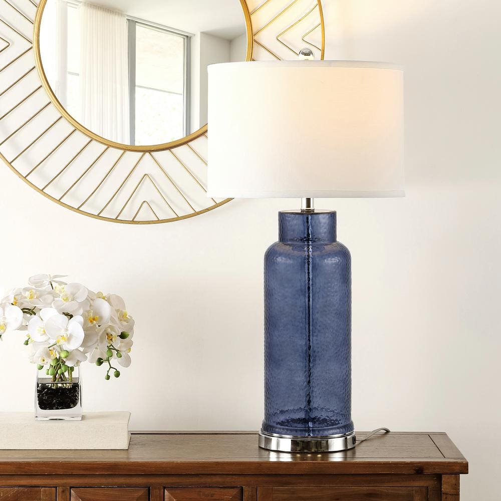 Blue Glass Table Lamp Set with Silver Base and USB Port