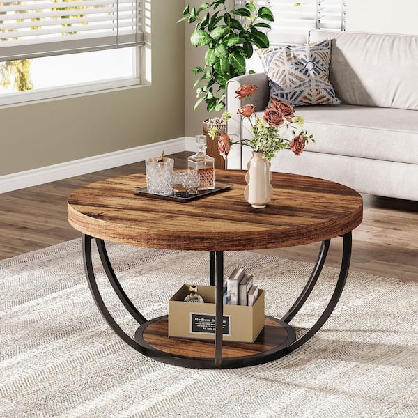 BYBLIGHT Allan 31.7 in. Rustic Brown Round Wood Coffee Table with Storage Shelf, Industrial Center Table for Living Room