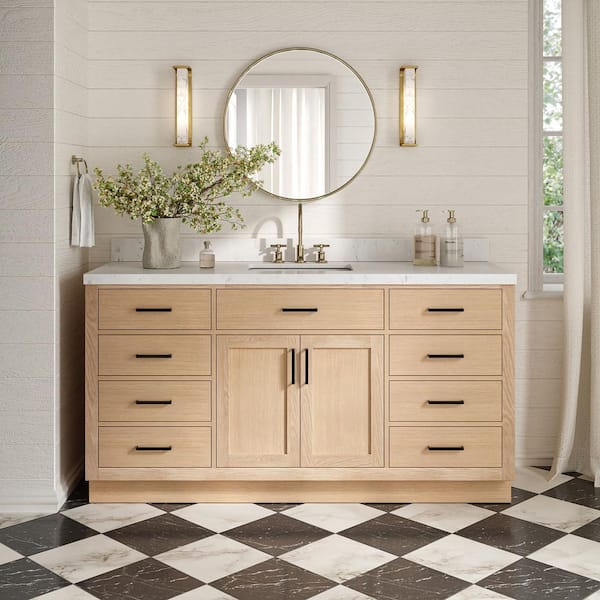 Hepburn 66 in. Single Sink Freestanding Bathroom Vanity in Oak with Carrara White Quartz Top