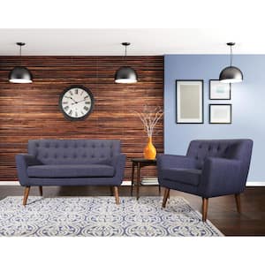 Mill Lane Chair and Loveseat Set in Navy Fabric with Coffee Finish Legs