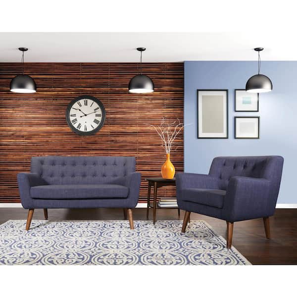 OSP Home Furnishings Mill Lane Chair and Loveseat Set in Navy Fabric with Coffee Finish Legs