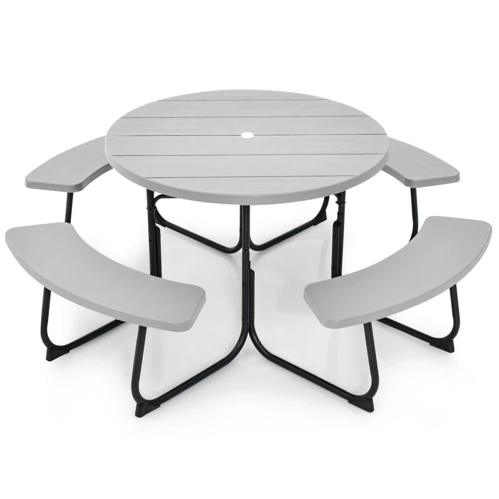 75 in. Gray Round HDPE Picnic Table and Bench Set Seats 8 People with Umbrella Hole price history on PriceWatchPro