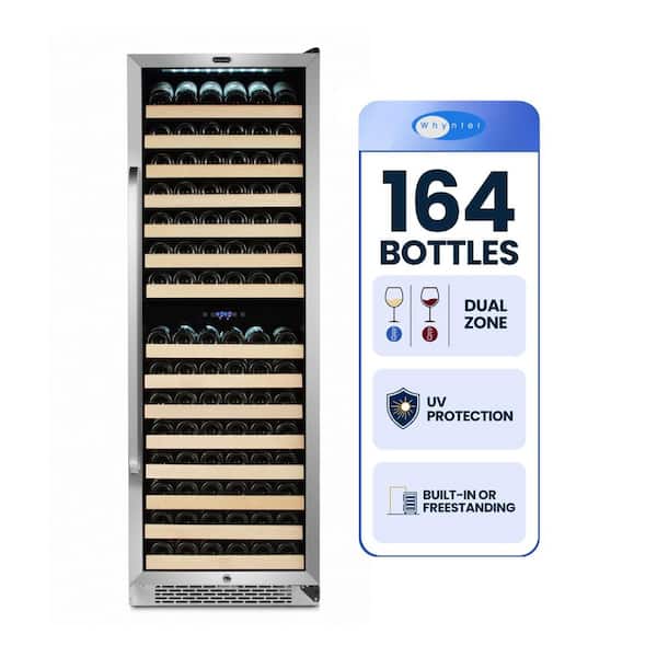 24 in. Dual-Zone 164-Bottle Wine Cooler Fridge with Display Rack Built-In Stainless Steel UV Protection Glass Door