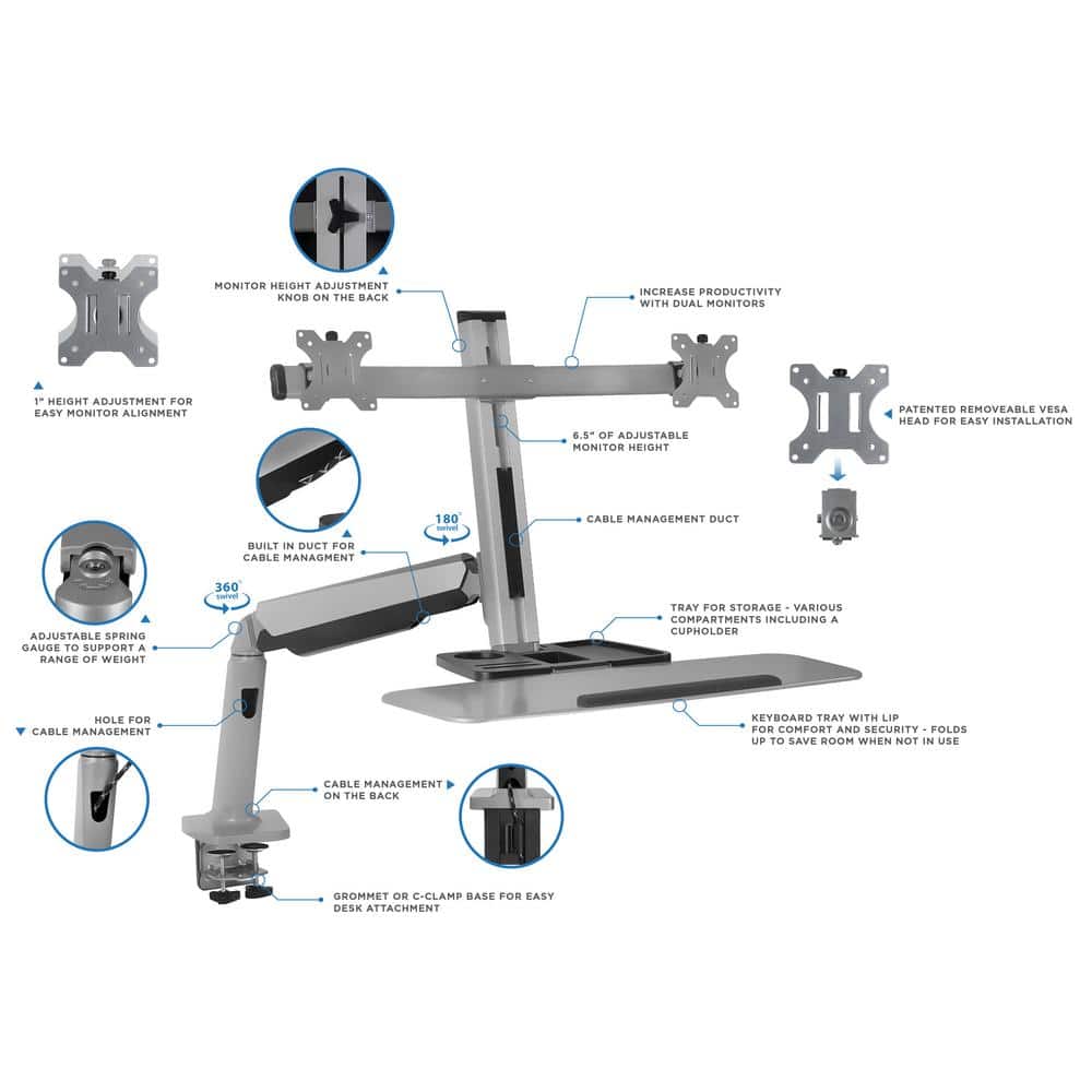 Adjustable Silver Standing Desk Converter with Dual Monitor Mount