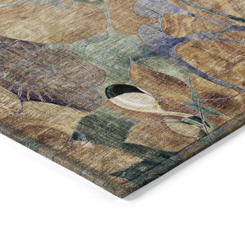 Beige and Blue Floral Synthetic Rectangular Outdoor Rug