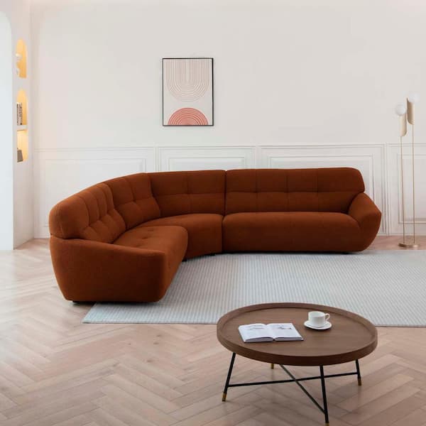 wetiny 113 in. Large Lamb Fabric Sectional Sofa in Orange with Tufted Seat