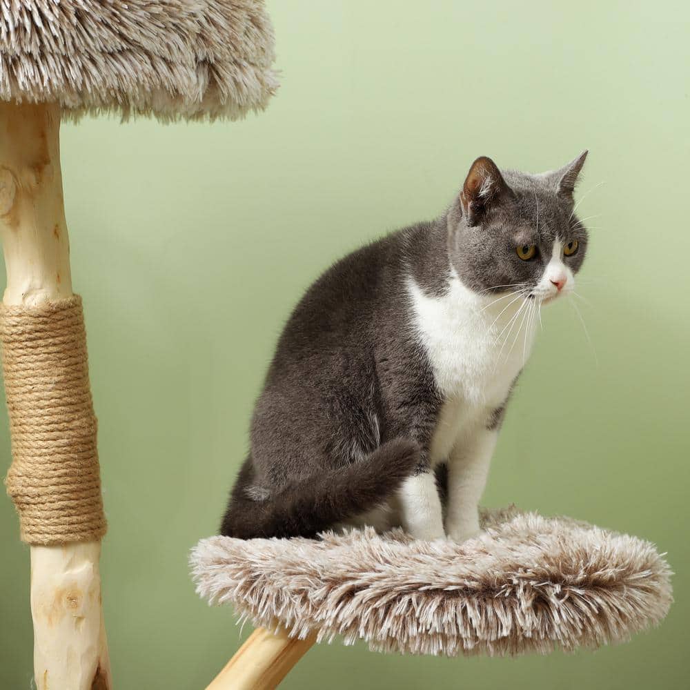 35 Inch Brown Plush and Wood Cat Tree Tower