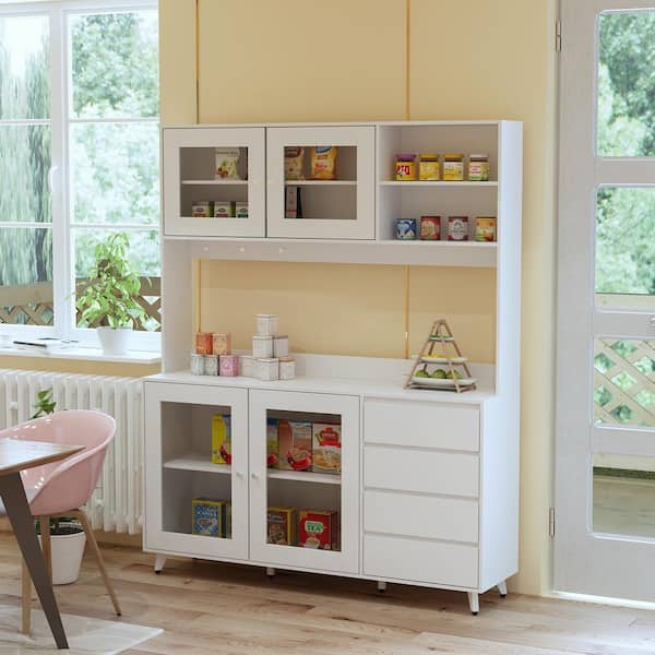 FUFU&GAGA Glass Doors Large Pantry Kitchen Cabinet Buffet with 4-Drawers,  Hooks, Open Shelves 74.8 in. H x 63 in. W x 15.7 in. D KF210128-045-KPL1 -  The Home Depot