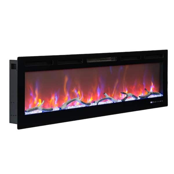 80 in. Wall Mount Electric Fireplace in Black with Adjustable Flame Color/Brightness, Log and Crystal, Remote Control