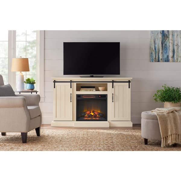 Home Decorators Collection Kerrington 60 in. Freestanding Infrared Media Electric Fireplace with Barn Doors in Weathered Ivory