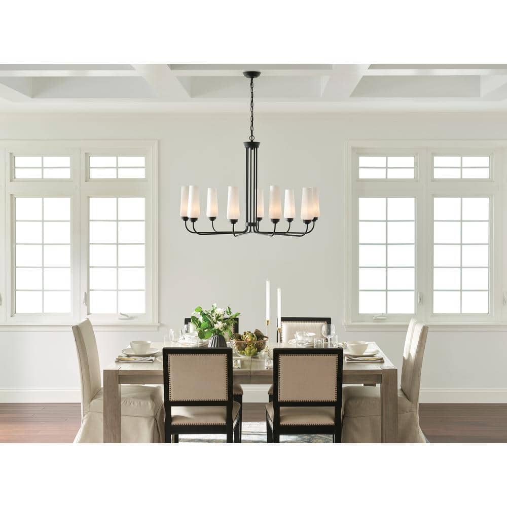Truby Art Deco Black Opal Glass 9-Light Large Chandelier