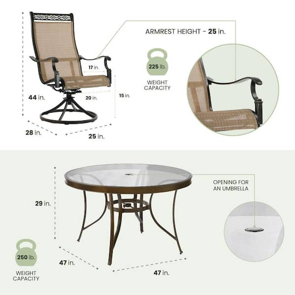 Monaco 5-Piece Aluminum Outdoor Dining Set with Round Glass-Top Table and Contoured Sling Swivel Chairs