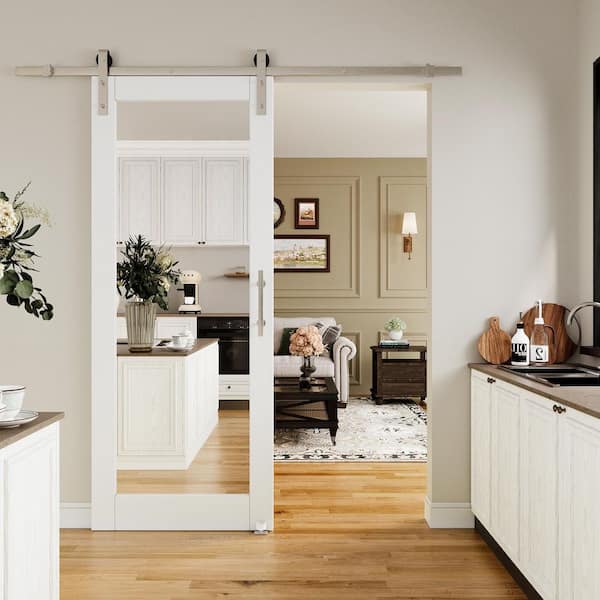 36 in. x 84 in. 1-Lite Mirrored Glass White Primed MDF Sliding Barn Door with Hardware Kit Nickel Plated