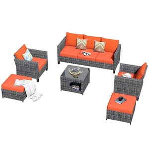 Moxie Gray 6-Piece Wicker Outdoor Patio Conversation Seating Set with Orange Red Cushions