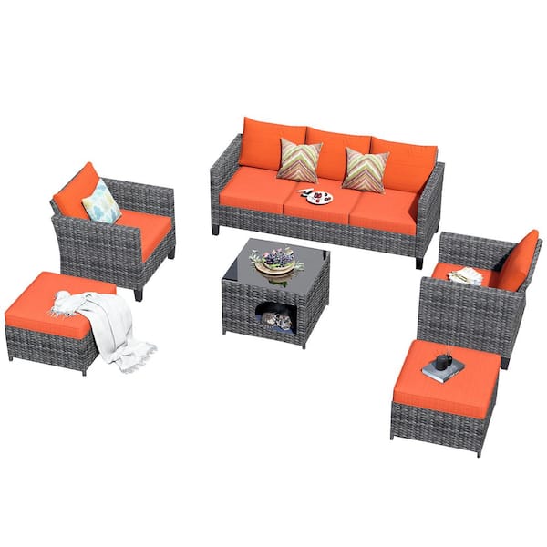 Moxie Gray 6-Piece Wicker Outdoor Patio Conversation Seating Set with Orange Red Cushions