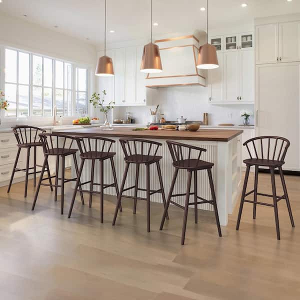 LUE BONA Winson Windsor 30 in. Espresso Solid Wood Bar Stool for Kitchen Island Counter Stool with Spindle Back Set of 6