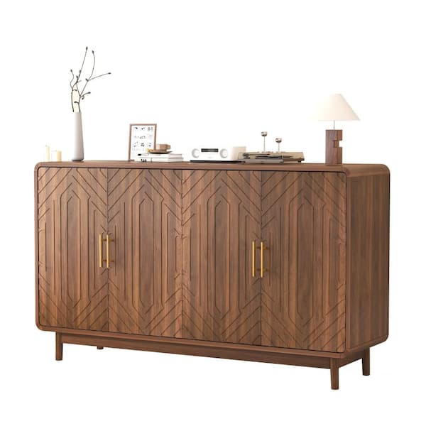Walnut 33.4 in. Accent Cabinet Office Storage Cabinet with 3 Adjustable Shelves and Curved Design