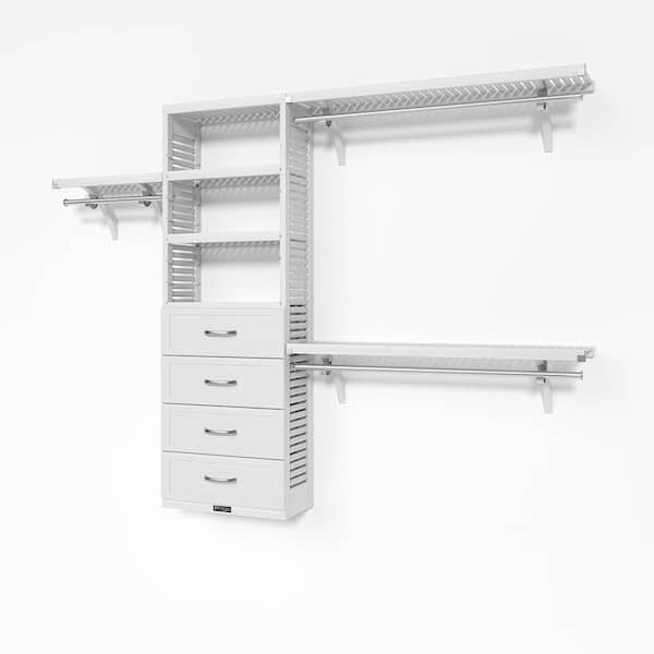 72 in. W - 120 in. W White Reach in with 4 Shaker Style Drawers 12 in. Shelf Wood Closet System