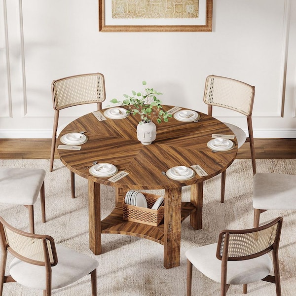 BYBLIGHT Rustic Brown Wood 47 in. Pedestal Round Dining Table Seat-4 with 2-Tier Storage Shelf Kitchen Dining Room Home