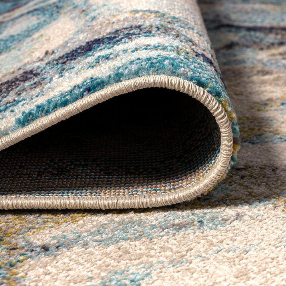 Pebble Blue and Beige Marbled Abstract Runner Rug