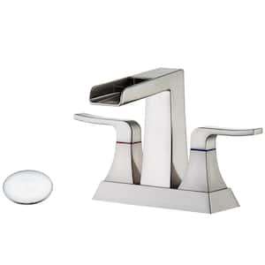 4 in. Centerset 2-Handle Waterfall Bathroom Faucet with Pop-Up Drain and Supply Lines in Brushed Nickel