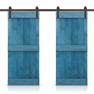 48 in. x 84 in. Mid-Bar Series Ocean Blue Stained Solid Pine Wood Interior Double Sliding Barn Door with Hardware Kit