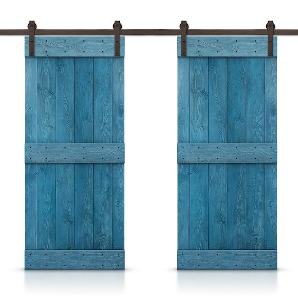 CALHOME 72 in. x 84 in. Mid-Bar Series Ocean Blue Stained Solid Pine Wood Interior Double Sliding Barn Door with Hardware Kit